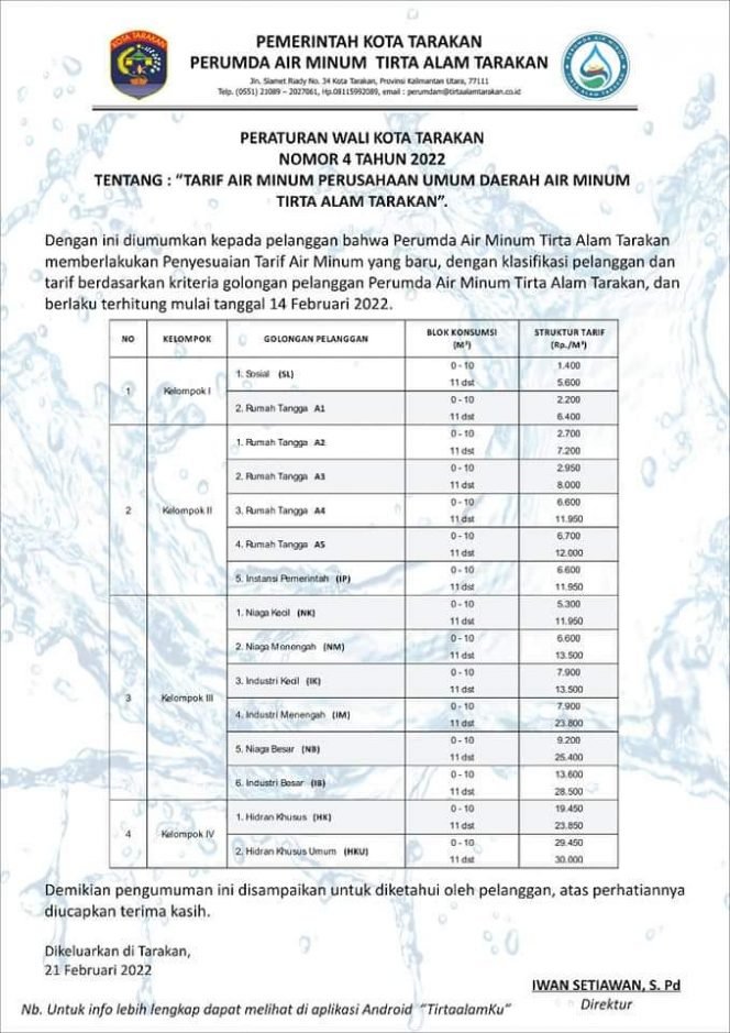 
					Daftar tabel penyesuaian tarif air Perumda Air Minum Tirta Alam Tarakan. Foto : Ist.