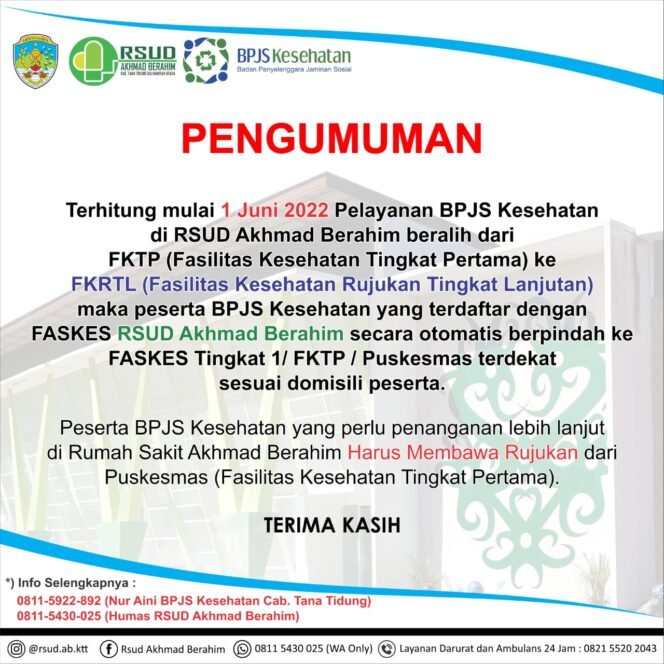 
					Mulai 1 Juni, Layanan FKTP dari RSUD Akhmad Berahim Berubah ke Puskesmas