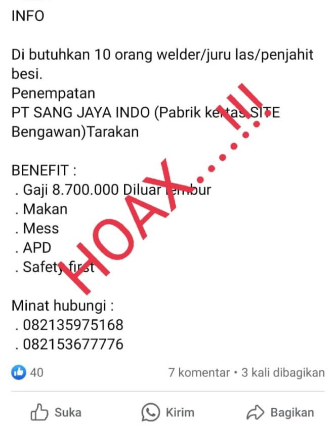 
					Informasi terkait adanya lowongan pekerjaan di PT. Sang Jaya Indo (SJI), Pabrik Kertas SITE Bengawan Tarakan beredar di Whatshapp Group maupun media sosial Facebook sejak beberapa minggu terakhir. 

