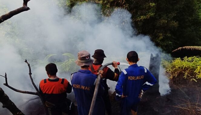 
					KARHUTLA : Tim Brigdal Karhutla KPH Tarakan bersama Korlakar dan BPBD Kota Tarakan saat melakukan pengendalian karhutla di RT 3 Amal Lama, Pantai Amal, Sabtu (7/9) sore. Foto: KPH Tarakan 