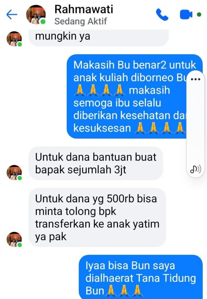 
					Tangkapan layar perpesanan Facebook antara pelaku yang menggunakan akun abal-abal atas nama Rahmawati dengan calon korbannya.