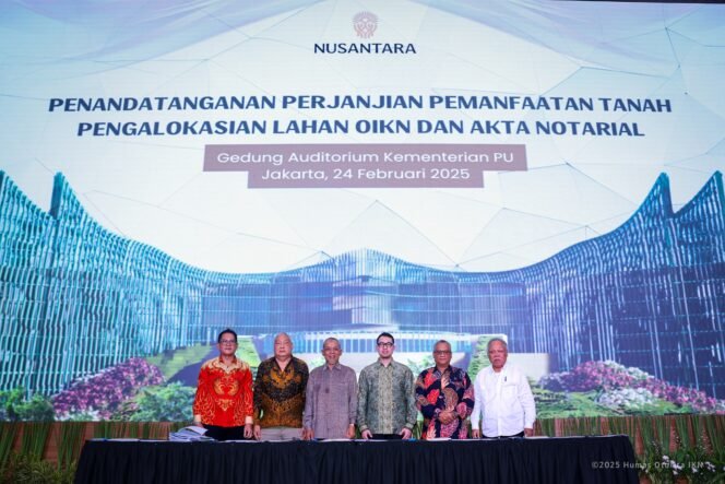 
					Otorita Ibu Kota Nusantara (IKN) bersama lima investor melakukan penandatanganan Perjanjian Pemanfaatan Tanah dan Pengalokasian Lahan ADP Otorita IKN dan Akta Notarial di Auditorium Kementerian PU, pada Senin, (24/02/2025).
