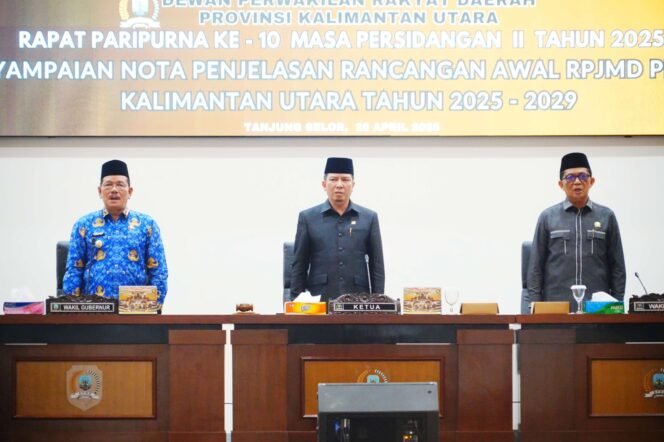 
					RANCANGAN AWAL : Wakil Gubernur (Wagub) Kaltara Ingkong Ala, S.E., M.Si., menghadiri Rapat Paripurna ke-10 terkait agenda Penyampaian Nota Penjelasan Rancangan Awal RPJMD Provinsi Kaltara Tahun 2025 â€“ 2029 di Ruang Rapat DPRD, Senin (28/4). 