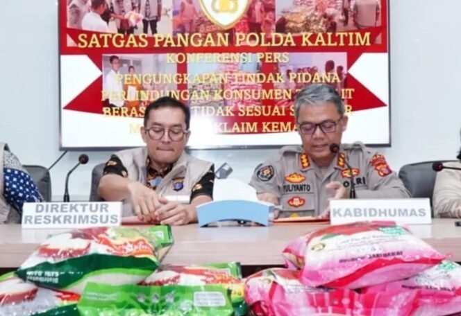 
					Press rilis pengungkapan tindak pidana perlindungan konsumen beras tidak sesuai klaim kemasan di Mapolda Kaltim, Selasa (29/7/2025).