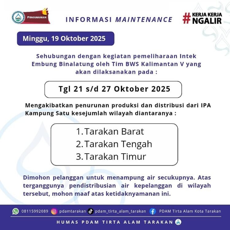 Perbaikan Intake Binalatung Molor, Ini Daerah Terdampak Distribusi Air PDAM hingga 27 Oktober