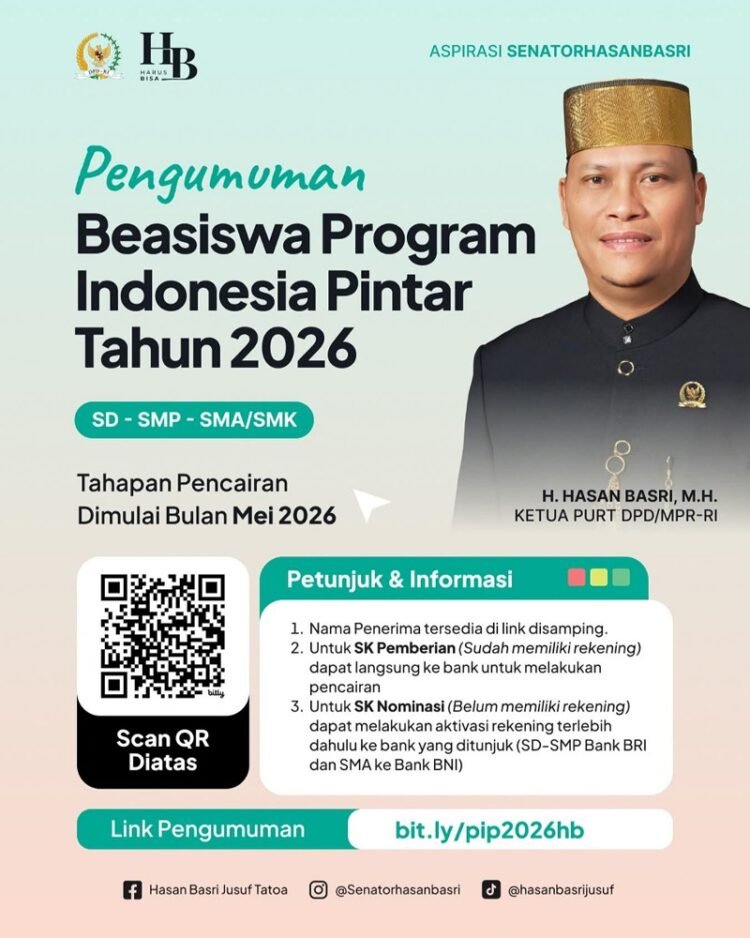 Kawal Pendidikan Kaltara, Senator Hasan Basri Salurkan 1.200 Beasiswa PIP 2026